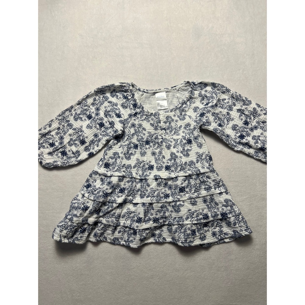 Disney 3T Tunic Top Frozen Toile Anna Elsa White Blue Cotton Gauze Tiered Henley